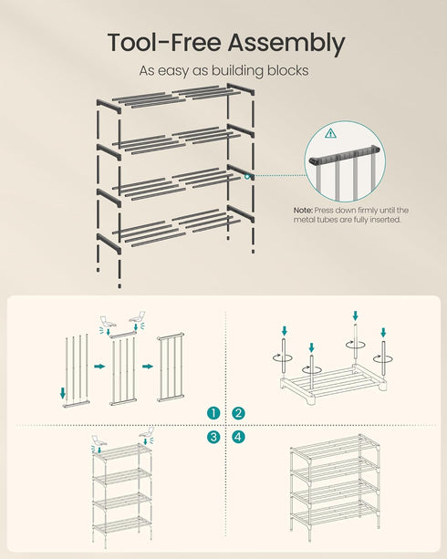 4-Tier Closet, 11.8 24.5 26 Inches,Black ULSA124BH01 SONGMICS Shoe Rack for Compact Metal Shoe Organizer Shelf