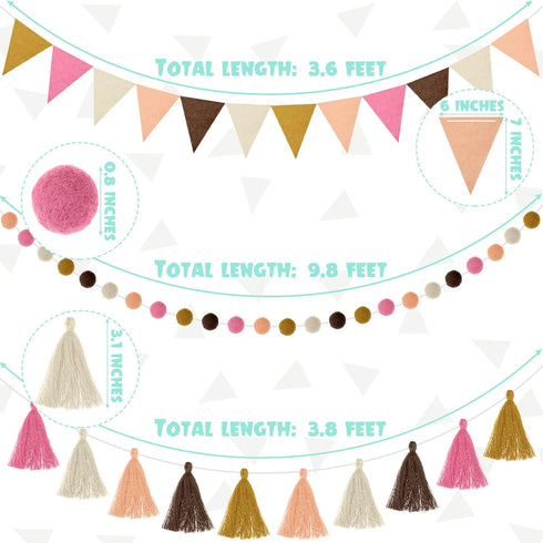 9.8 Feet Pom Pom Garland Rainbow Felt Fabric Garland Set Colorful Tassel for Classroom 3.6 Feet Felt Pennant Banner for Classroom school Christmas Home Birthday Party (Boho Color)