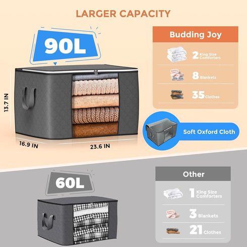 90 L Large Storage Bags, 6 Pack Clothes Storage Bins with Reinforced Handle for Clothing, Blankets, Pillows (Gray)