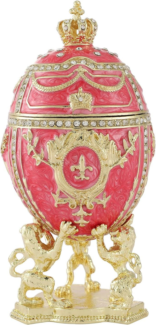 QIFU Hand Painted Pink Big Faberge Egg Style Enamel Trinket Box Hinged,