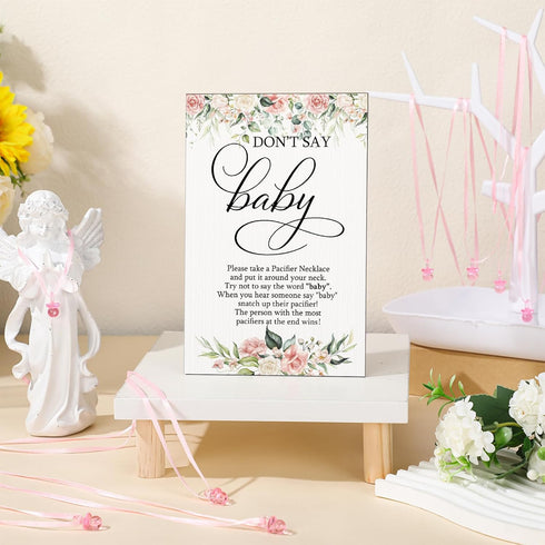 51 50 Geetery Pcs Don't Say Baby Game Sign Cool Baby Shower Game Pacifier Necklace Wooden Don't Say Sign Plastic