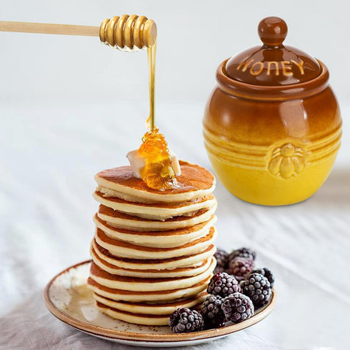 2 Pack 12 Oz Hiceeden Ceramic Honey Pot with Dipper and Lid, Yellow Honey Jar Bee Embossed Honey Storage Container