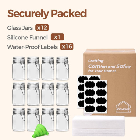 Set 12 (8 Oz), ComSaf of Square Glass Jars with Airtight Lids Pantry Canisters for Spices, Jams, & Herbs, Wire Clamp
