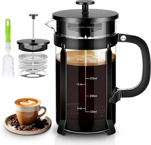 French Press Coffee Maker, 304 Stainless Steel, 4 Filters System, Borosilicate Glass, BPA-Free, Brewed Tea Pot