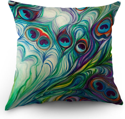 Moslion Peacock Feather Pillow Case 18" x 18" Inch Cotton Linen Throw Pillow Case Home Decorative Oil Painting Feathers