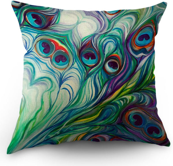 Moslion Peacock Feather Pillow Case 18" x 18" Inch Cotton Linen Throw Pillow Case Home Decorative Oil Painting Feathers
