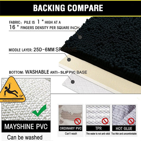 Black Bathroom Rug Chenille 3-Piece Set, Extra Soft and Absorbent Shag Bathroom Mats
