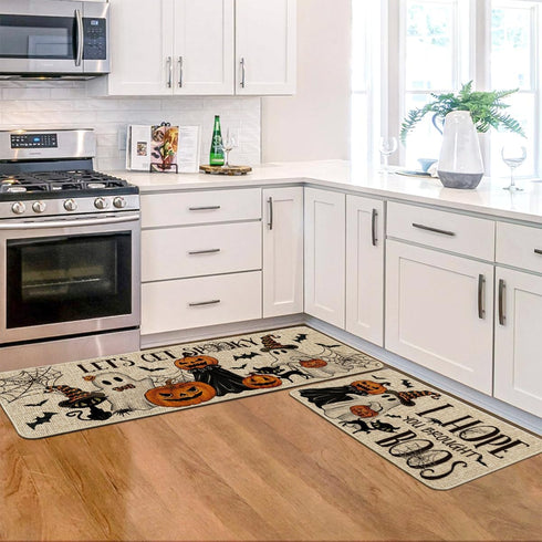 Artoid Mode I Hope You Brought Boos Spider Web Pumpkin Halloween Kitchen Mats Set of 2, Low-Profile Black Cat Rugs
