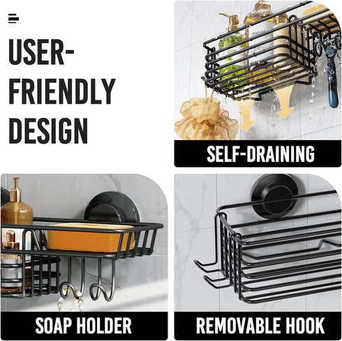 LEVERLOC Shower Caddy Suction Cup with Hooks and Soap Holder, No-Drilling Bathroom Organizer, Black