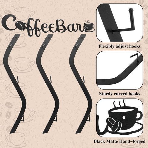 9 Peryiter Coffee Cup Holder Coffee Mug Wall Rack Mounted with Bar Shelf Curve Metal Cup Rack Wall Hanging Holder