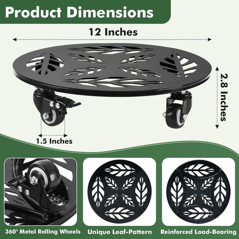 2 Packs 12 Inch Planterhoma Rolling Plant Stand with Wheels Metal Plant Caddy with Wheels Heavy Duty Plant Rollers