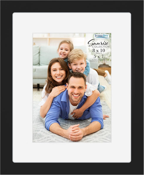 Icona Bay - 8x10 Black Picture Frame Mat to 5x7 - Painted Solid One-Piece Wood Composite, Modern Farmhouse