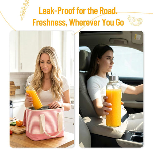 18 oz, 100% Set 3 Luxfuel Clear Glass Bottles with Lids Reusable Glass Water Bottles with Stainless Steel Cap