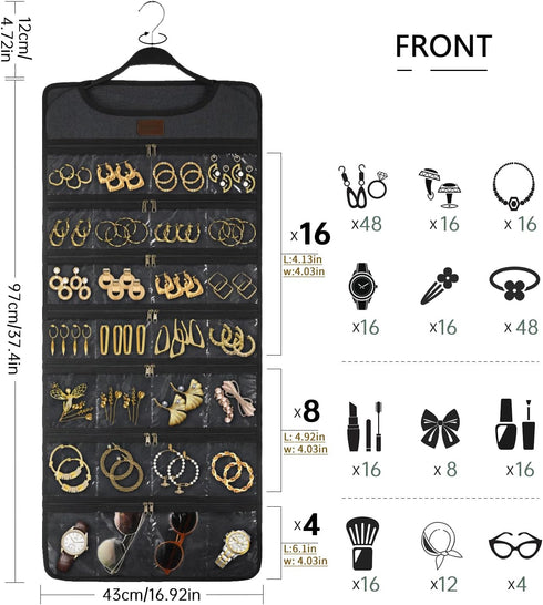 SMRITI Hanging Jewelry Organizer with Dual Zippered Pockets, Canvas Double Sided Rotating Hanger for Necklaces and