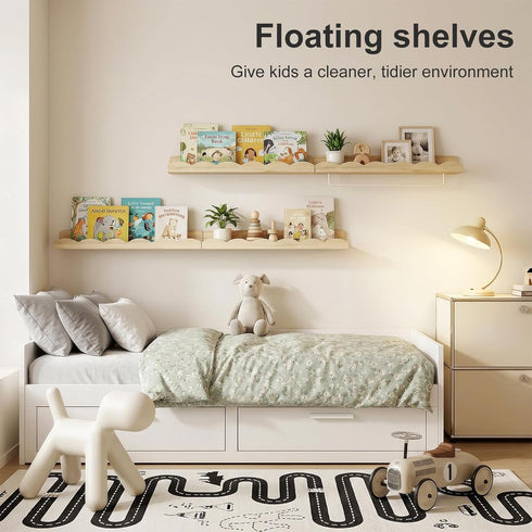 16.5 Inch Set 4, Fixwal Nursery Book Shelves, Floating Bookshelves for Wall of Scalloped Wall Book Shelves with Towel