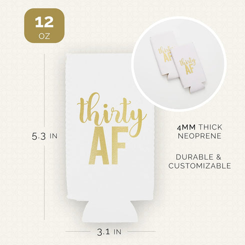 Thirty AF Can Coolers, 30th Birthday Party Coolies, Set of 12, White and Gold Dirty 30 Birthday Decoration