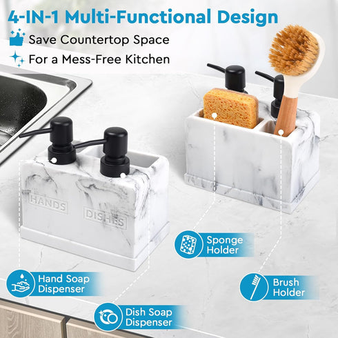 Set,with 4-in-1 Set Kitchen Soap Dispenser Liquid Hand and Dish Soap,Sponge Holder and Brush Holder Dual Soap Dispenser