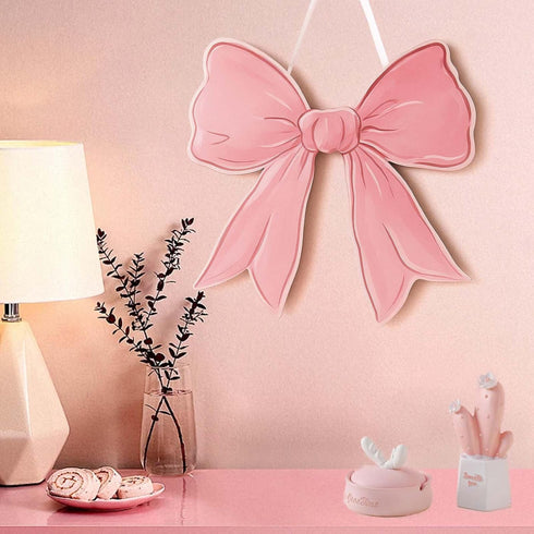 Vozekrod Pink Bow Wooden Wall Sign - Cute Girls Room Decor, Preppy Hanging Plaque for Dorm Nursery Door