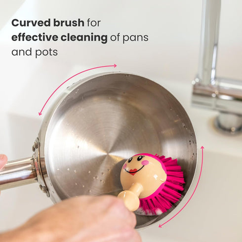 Vigar Dolls April Dish Brush - Ergonomic Handle with Dress-shaped Storage Holder, White & Pink - Scrub Brush for Kitchen