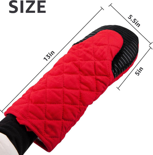 Puppet Oven Mitts Red Cotton Silicone Non-Slip Long Sleeve, Heat Resistant Gloves for Home Kitchen Chef Cooking