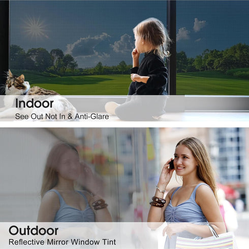 Beautysaid Window Privacy Film, See Out Not In, One Way Reflective Mirror UV Sun Blocking Static Clings