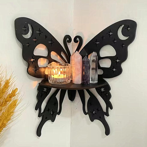 TANG SONG Butterfly Moon Star Bohemian Style Wooden Corner Shelf Decorative Shelf Floating Wall Mounted Crystal Shelf