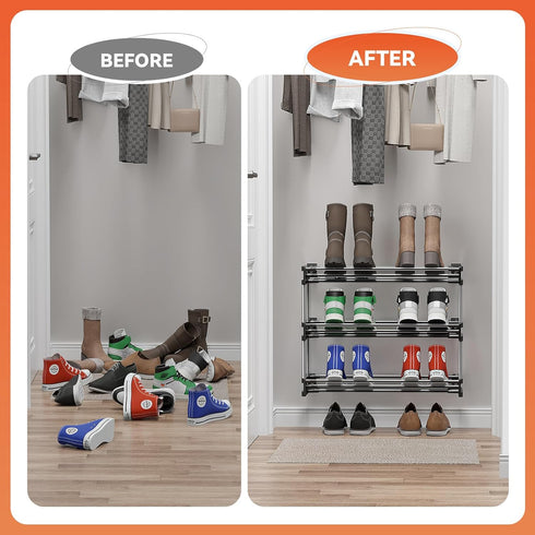3 Tier Narrow Shoe Rack with Hook and Loop Sticky Adhesive Strips Shoe Shelf for Wall Mounted Slim Shoe Rack Space