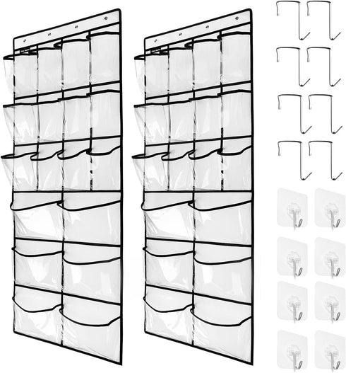2 Pack Extra Large Hanging Crystal Clear Over Door Shoe Organizers, Closet Shoe Rack with 12+6 Pockets, 8+8 Hooks, White