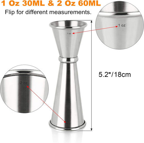 Double Clear Plastic and Stainless Steel Jigger, Set of 3, Cocktail Measuring Shot Glasses for Bar Party
