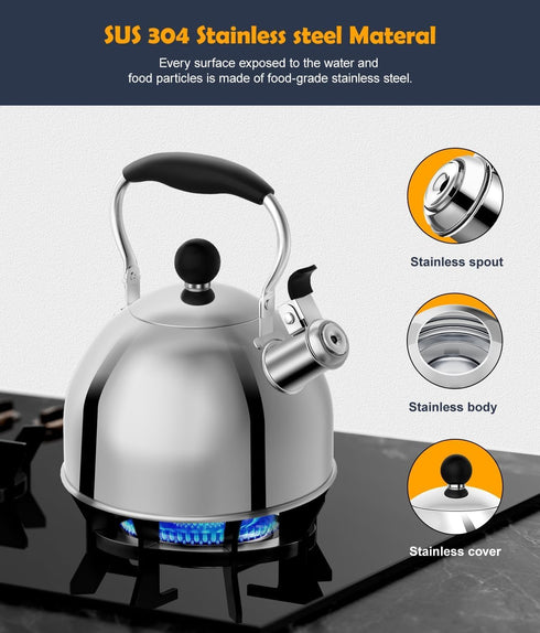 2 Tea Kettle, Quart Stainless Steel Whistling Tea Kettle, Stovetop Whistling Teakettle Tea Pots for Stove Top