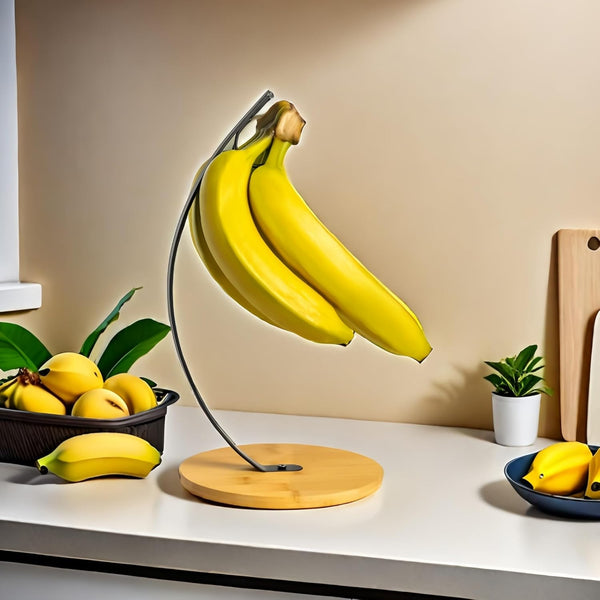 TIEYIPIN Banana Holder, Iron & Bamboo Fruit Stand for Bananas, Grapes & More, Easy Assembly