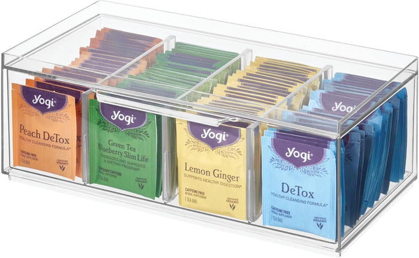 iDesign XL Tea Bag Organizer for Counter, 4-Section Clear Stackable Tea Storage