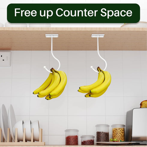 2-Pack Under Cabinet Banana Hook, Metal Hanger, Adhesive Foldable Banana Rack, Keep Bananas Fresh (White)