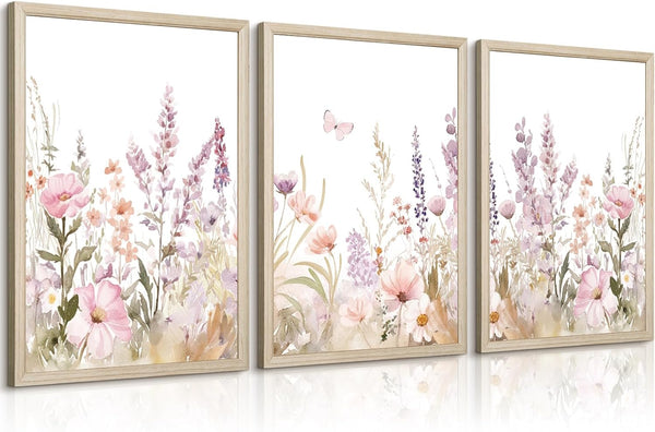 Olctedo Nursery Girl Floral Wall Art Watercolor Wildflower Canvas Wall Decor Pruple Pink