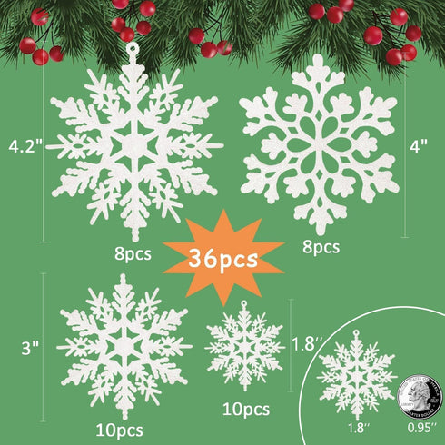 36pcs Snowflakes Christmas Tree Decorations - Plastic Glitter White Snow Flakes Ornaments for Indoor Winter Decor