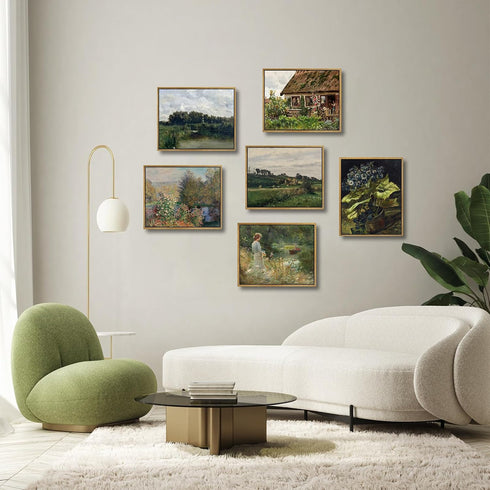 Farmhouse Landscape Canvas Wall Art, Antique Art French Artwork Vintage Country Grassland Posters 8x10inch Frame