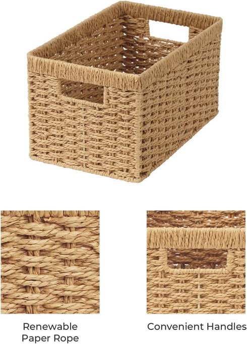 StorageWorks Round Paper Rope Storage Baskets, Medium Rectangular Wicker Baskets with Built-in Handles, 2-Pack, 13 ¼ x