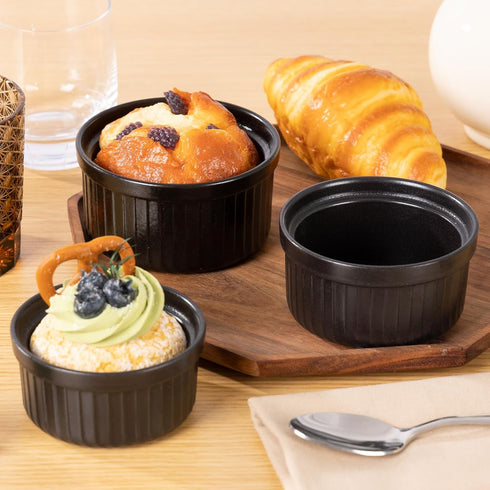 Yachi Ramekins Black, 4 oz 6 Pieces Ceramic Baking Ramekin Set for Sauces, Dipping, Onion Soup, Lava Cake