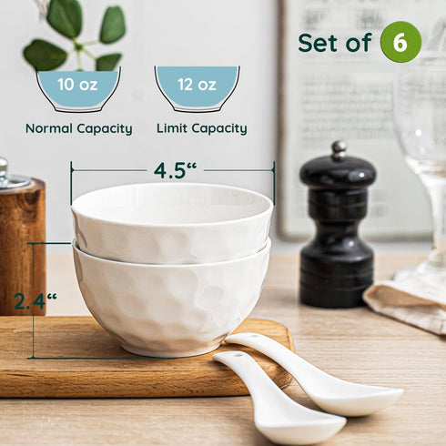 Porcelain Soup Bowls Set of 6, 4.5 Inch Oatmeal Bowls - Microwave and Dishwasher Safe, Ice Cream Bowls