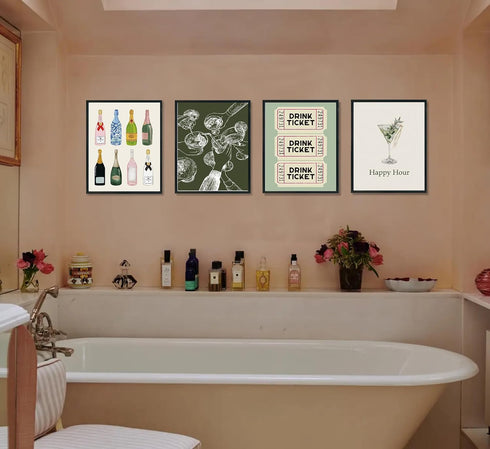 ULEGIE Set 4, 12x16 Inch ULEGI Bar Cart Wall Decor, Trendy Retro Champagne Cocktail Cheers Wall Art Decor of Bar