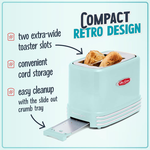 Nostalgia New and Improved 2-Slice Toaster - Aqua, Perfect for Bread, English Muffins, Bagels, 5 Browning Levels, Crumb