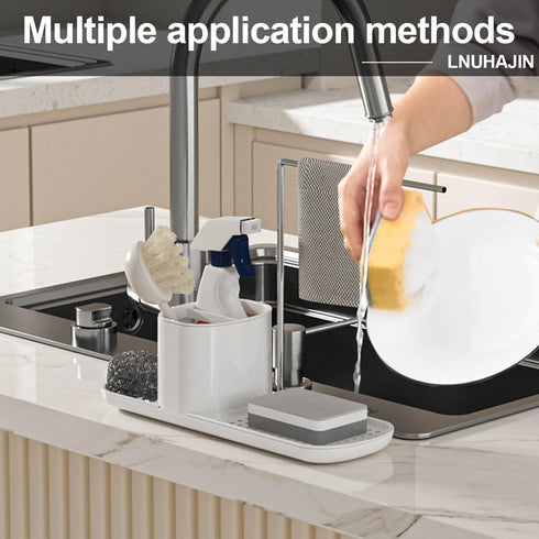 Kitchen Soap Dispenser Set with Tray and Sponge Holder, 3-in-1 Countertop Storage Organizer, Includes Dish Towel