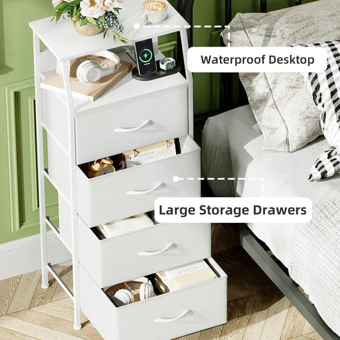 4 Closet Somdot White Nightstand with Charging Station and LED Light for Bedroom, Tall Drawers Dresser with Fabric Bins