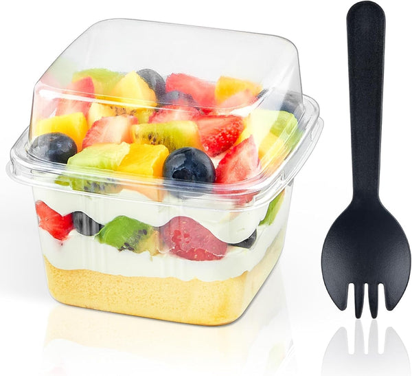 Zezzxu 8 oz Dessert Cups with Lids and Spoons, 100 Sets, Square