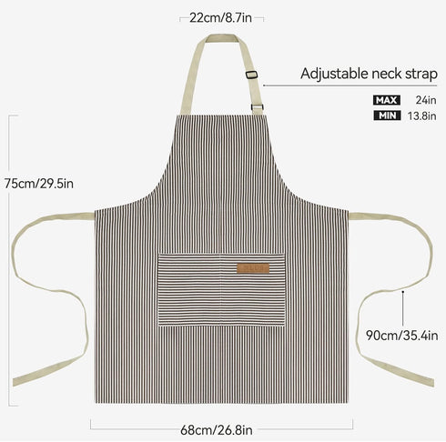 NLUS 2 Pack Cooking Aprons for Women with Pockets, Adjustable Kitchen Bib Aprons (Brown Pinstripes)