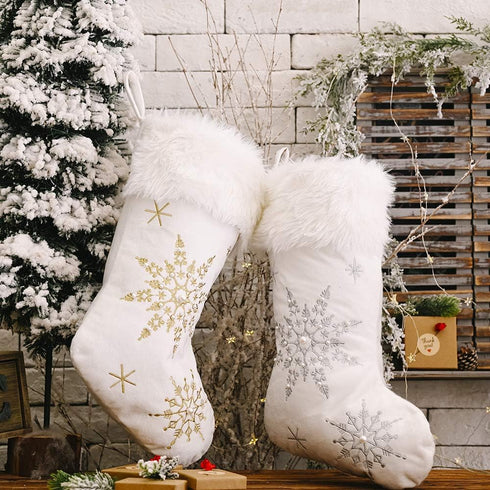 Comfy Hour Let It Snow Collection 18"x11" Christmas Winter Snowflake Stocking, Soft Plush Velvet, White and Gold