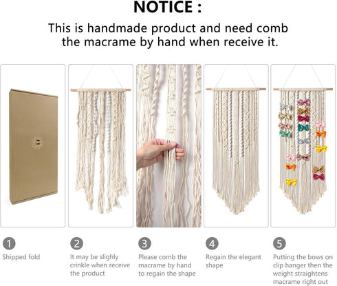 Mkono Macrame Hair Bow Holder, Hanging Clips Hanger Organizer for Baby Girls Room, Ivory (Clips Not Included)