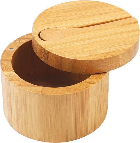 HTB Bamboo Salt Cellar with Mini Spoon, Kitchen Salt Box with Swivel
