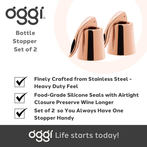 OGGI Copper Plated Bottle Stopper Set of 2 - Stylish Wine Saver Stoppers with Airtight Levers