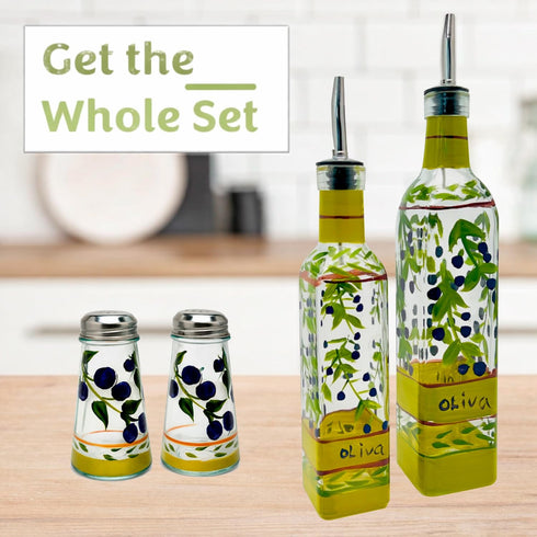 16 oz Hand Painted Glass Oliva Branch Oil/Vinegar Glass Cruet for Kitchen, Olive Oil Dispenser With Stainless Steel